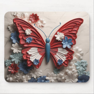 RED WHITE BLUE PATRIOTIC BUTTERFLY & FLOWERS MOUSE PAD