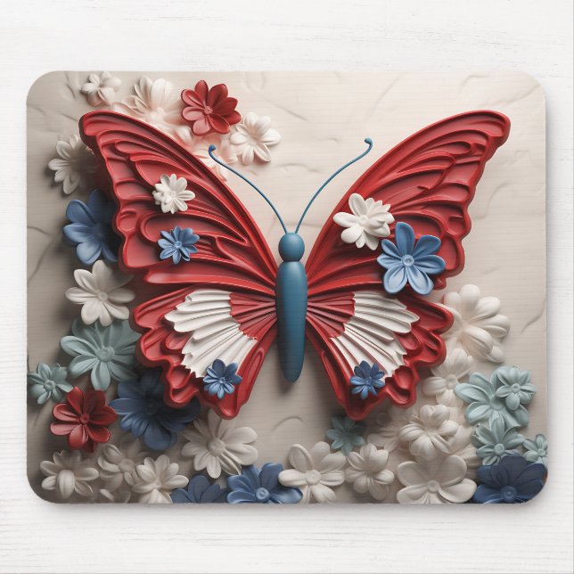 RED WHITE BLUE PATRIOTIC BUTTERFLY & FLOWERS MOUSE PAD (Front)
