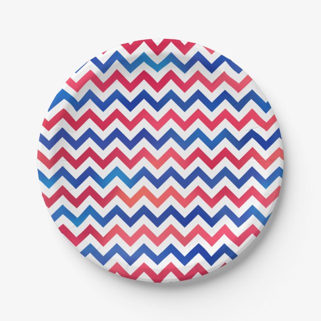 Red White Blue Patriotic Chevron Zig Zag Stripes Paper Plate (Front)