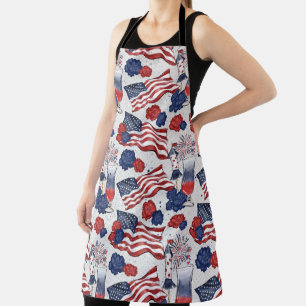 RED WHITE BLUE PATRIOTIC FLAGS DRINKS FLOWERS APRON