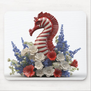 RED WHITE BLUE PATRIOTIC SEAHORSE AND FLOWERS MOUSE PAD