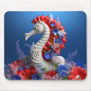 RED WHITE BLUE PATRIOTIC SEAHORSE AND FLOWERS MOUSE PAD