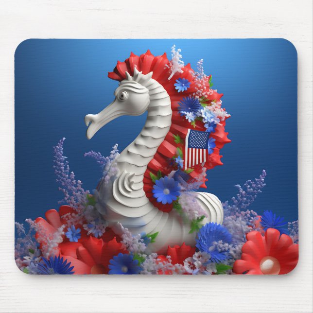 RED WHITE BLUE PATRIOTIC SEAHORSE AND FLOWERS MOUSE PAD (Front)