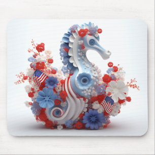 RED WHITE BLUE PATRIOTIC SEAHORSE AND FLOWERS MOUSE PAD