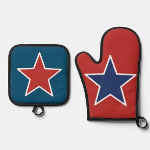 Red, White & Blue Patriotic STARS Oven Mitt & Pot Holder Set