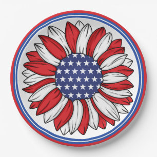 Red, White, Blue Patriotic Sunflower Paper Plate