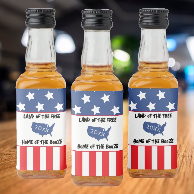 Red White & Blue Patriotic USA American Flag Liquor Bottle Label (funny usa american flag land of the free home of the booze liquor bottle labels)