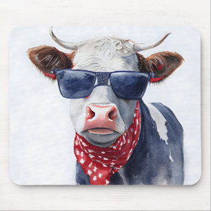 RED WHITE BLUE PATRIOTIC WATERCOLOR COW MOUSE PAD