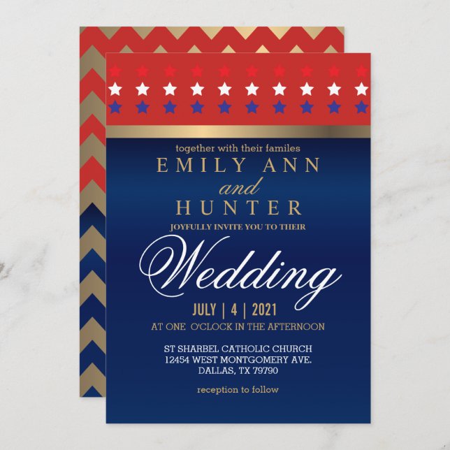 Red, White & Blue Patriotic Wedding Invitation (Front/Back)