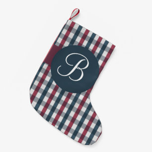 Red white blue plaid monogram Christmas stocking