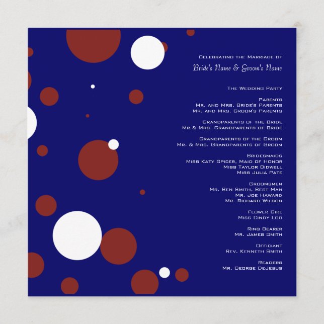 Red, White, Blue Polka Dots Wedding Program (Front)