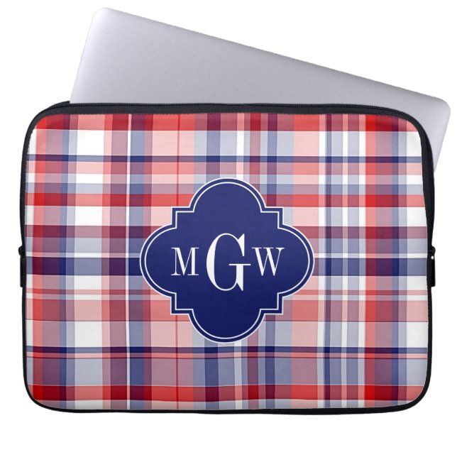 Red White Blue Preppy Madras Monogram Laptop Sleeve (Front)