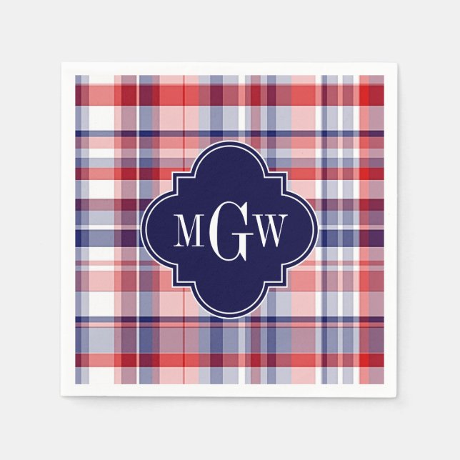 Red White Blue Preppy Madras Monogram Napkin (Front)