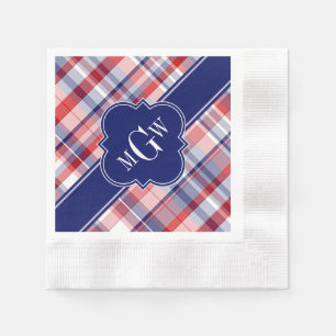 Red White Blue Preppy Madras Monogram Napkin