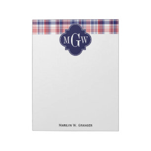Red White Blue Preppy Madras Monogram Notepad