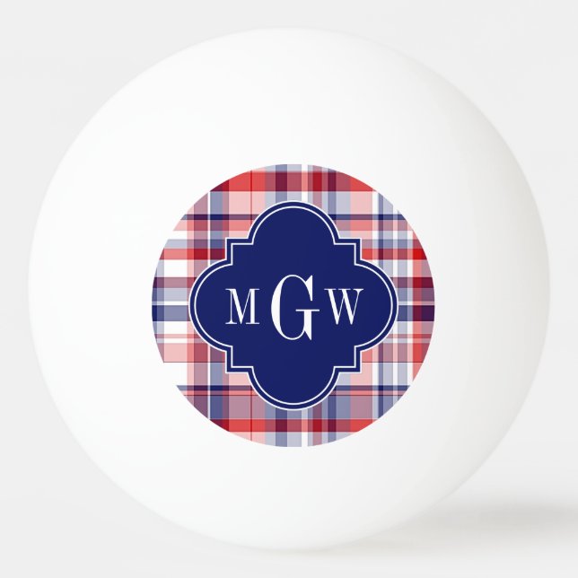 Red White Blue Preppy Madras Monogram Ping Pong Ball (Front)