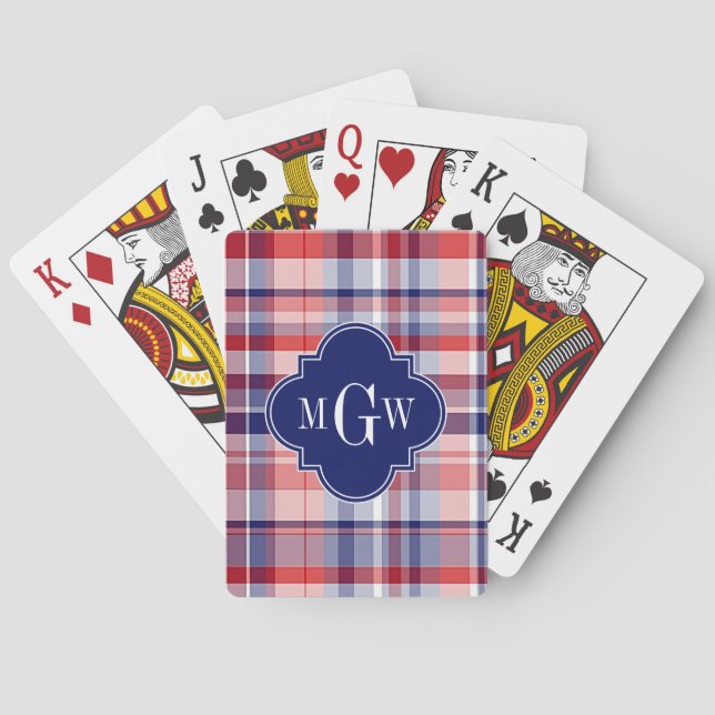 Red White Blue Preppy Madras Monogram Playing Cards (Back)