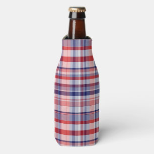 Red, White, Blue Preppy Madras Plaid Bottle Cooler