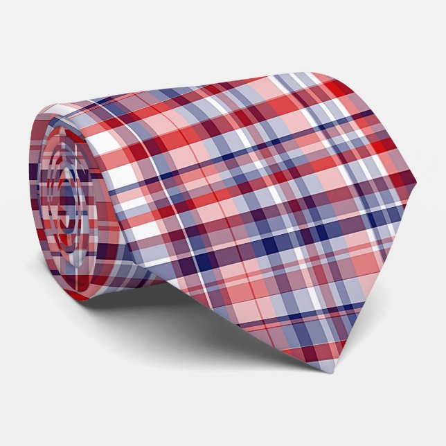 Red, White, Blue Preppy Madras Plaid Tie (Rolled)