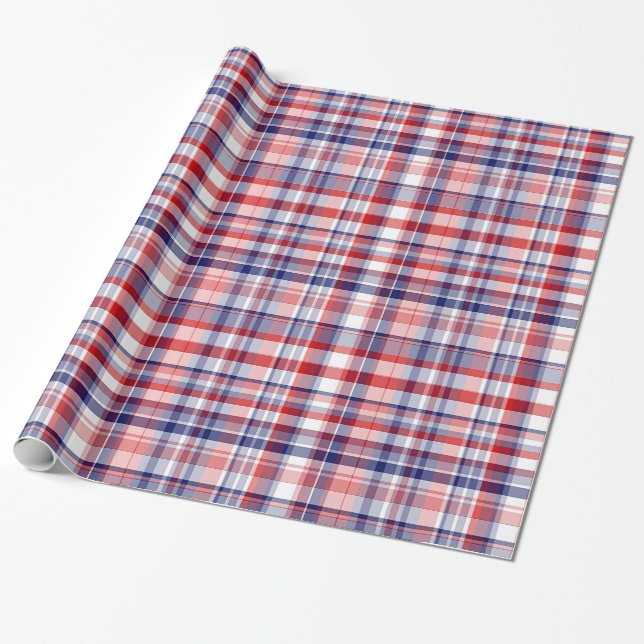 Red, White, Blue Preppy Madras Plaid Wrapping Paper (Unrolled)