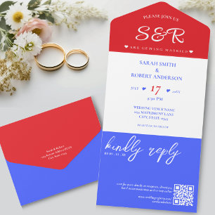 Red White & Blue QR Code Wedding All In One Invitation