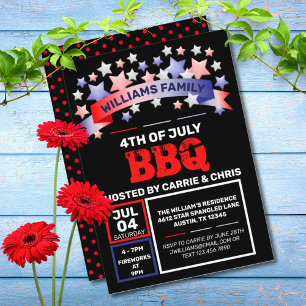 Red White & Blue Ribbon & Stars 4th of July BBQ Invitation