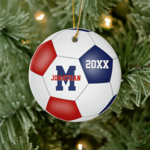 red white blue school spirit boys girls soccer ceramic ornament