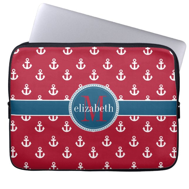 Red White Blue Ship Anchors Monogram Laptop Sleeve (Front)