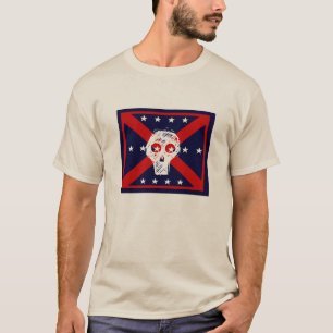 red, white, blue  skull pirate flag grey t-shirt