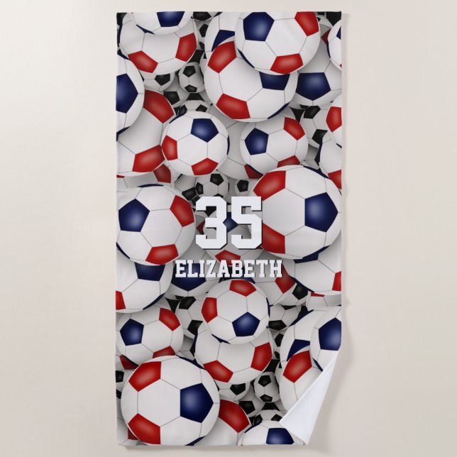 red white blue soccer balls fun sports pattern beach towel (Front)