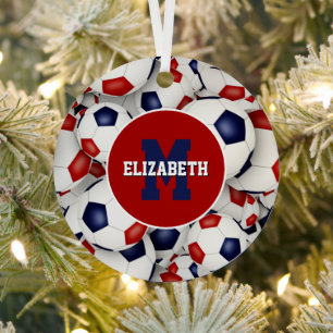 red white blue sports personalized soccer metal tree decoration