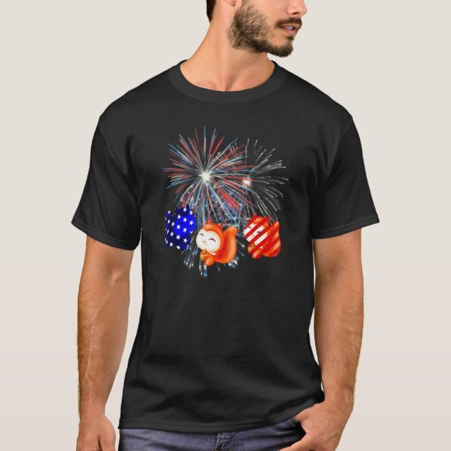 Red White Blue Squirrel Fireworks 4th Of July T-Shirt (Front)