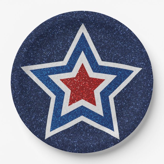 Red, White & Blue Star July 4th Glitter Paper Plate (Front)