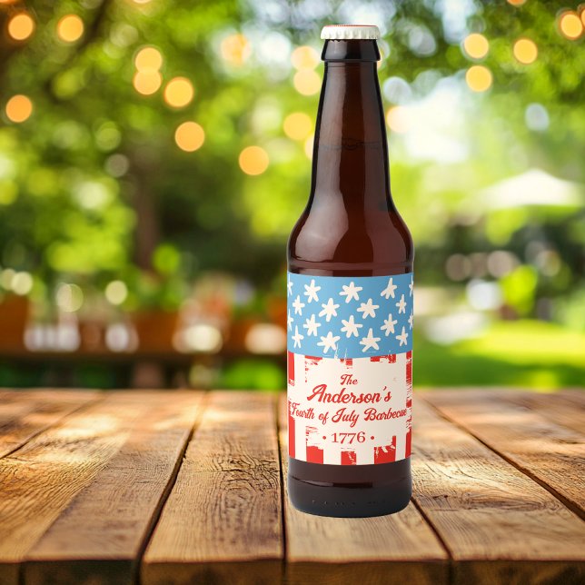 Red White &Blue Star & Stripe Family Name Barbecue Beer Bottle Label (Creator Uploaded)
