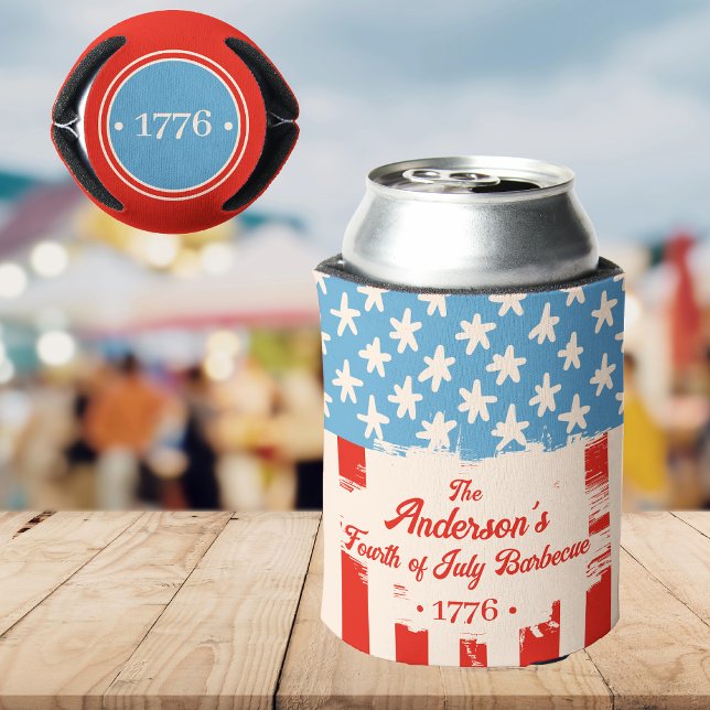 Red White &Blue Star & Stripe Family Name Barbecue Can Cooler (Creator Uploaded)