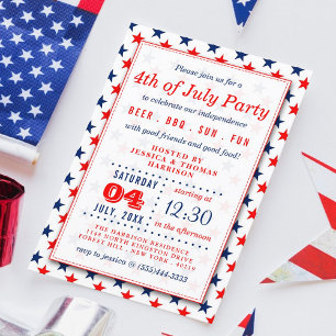 Red, White & Blue Stars 4th Of July Party Invitation