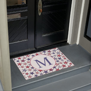 Red White Blue Stars America Patriotic Monogram Doormat
