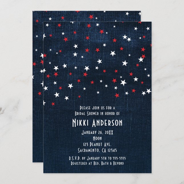 Red White & Blue Stars Denim Party Invitations (Front/Back)