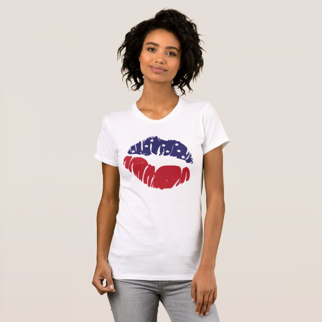 Red White Blue Stars Stripes 4th of July KISS LIPS T-Shirt (Front Full)