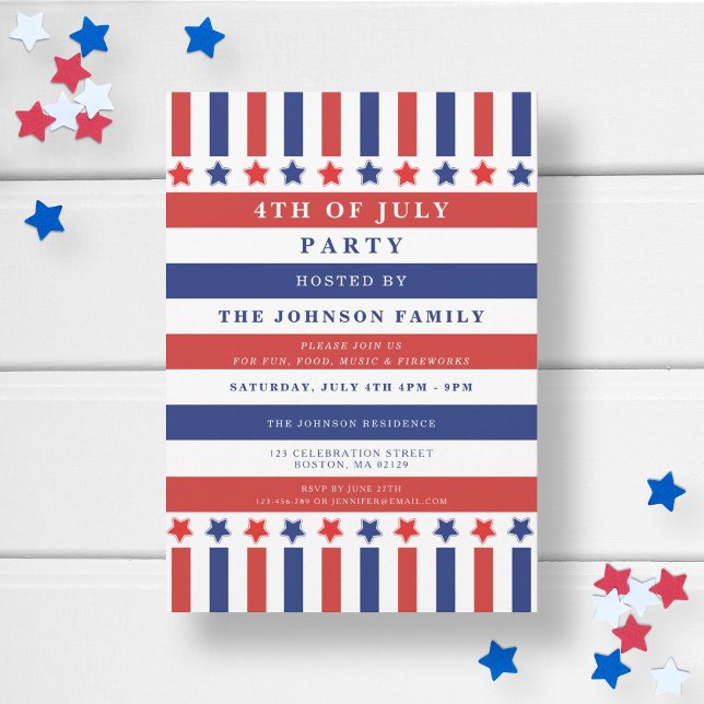 Red White Blue Stars & Stripes 4th Of July Party Invitation (Patriotic Red White Blue Balloon 4th Of July Party Invitation)
