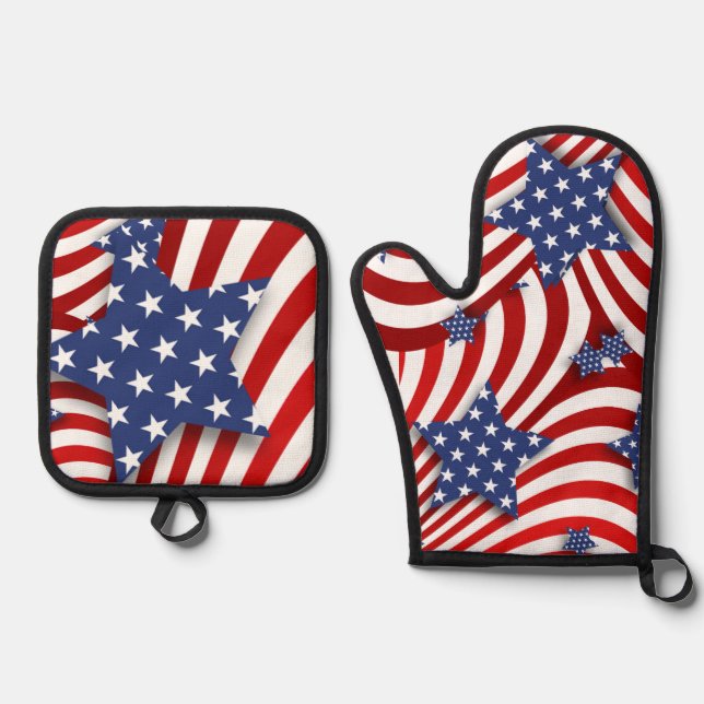 Red, White & Blue Stars & Stripes Oven Mitt & Pot Holder Set (Front)