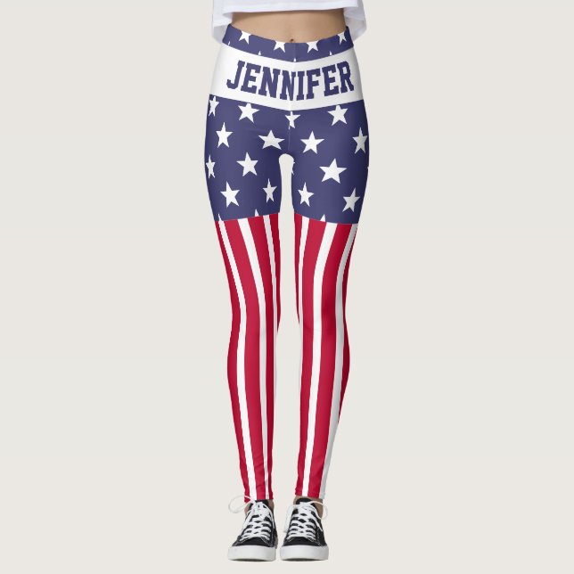 Red White Blue Stars Stripes USA flag Custom name Leggings (Front)