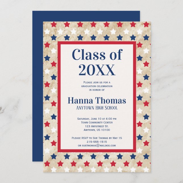Red White Blue Stars US Military Graduation  Invit Invitation (Front/Back)
