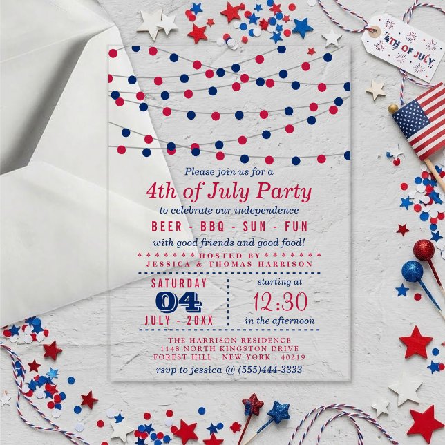 Red, White & Blue String Lights 4th Of July Party Acrylic Invitations (Creator Uploaded)