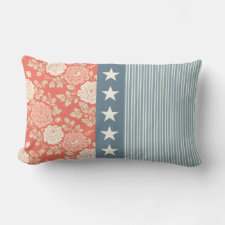 Red White Blue Stripe Block Print Stars Lumbar Cushion