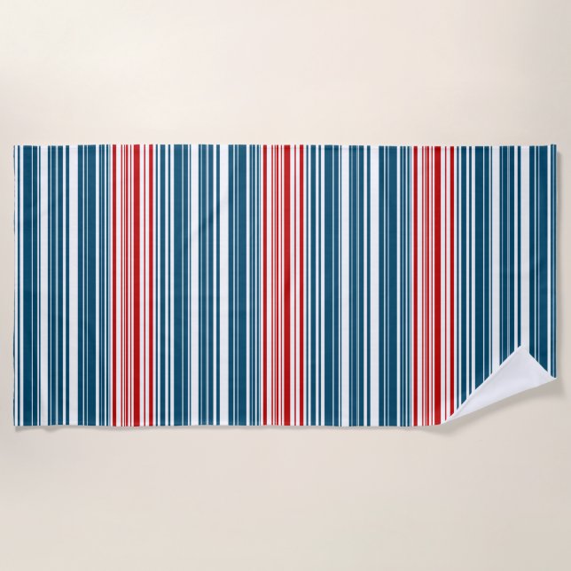 Red White Blue Striped Pattern Beach Towel (Front)