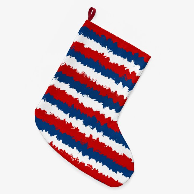 Red White Blue Striped Pattern Large Christmas Stocking (Front (Hanging))