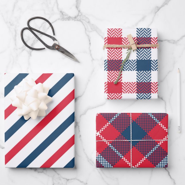 Red, White & Blue Striped & Plaid Wrapping Paper (Front)
