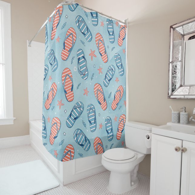 RED WHITE BLUE SUMMER FLIP FLOPS SHOWER CURTAIN (In Situ)