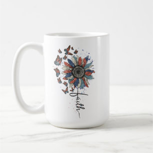 RED WHITE BLUE SUNFLOWER WITH BUTTERFLIES COFFEE MUG